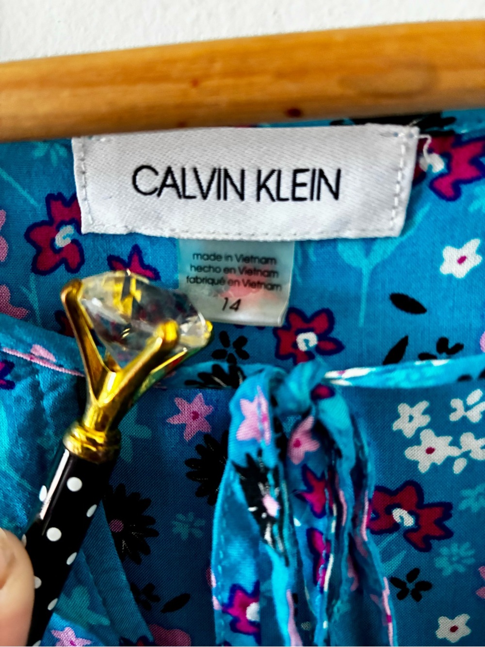 CALVIN KLEIN Teal Ditzy Floral Long-Sleeve Tiered Dress- Size 14 - Picture 2 of 13